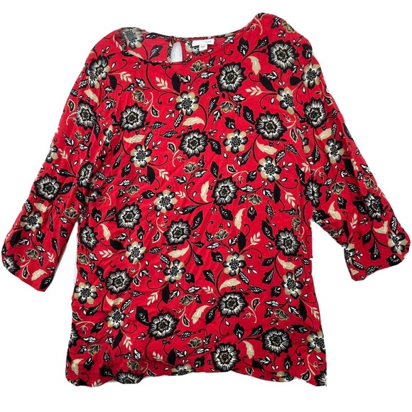 J. Jill Womens Size Large Red Floral Print 3/4 Sleeve‎ Boho Blouse Top - Picture 1 of 15